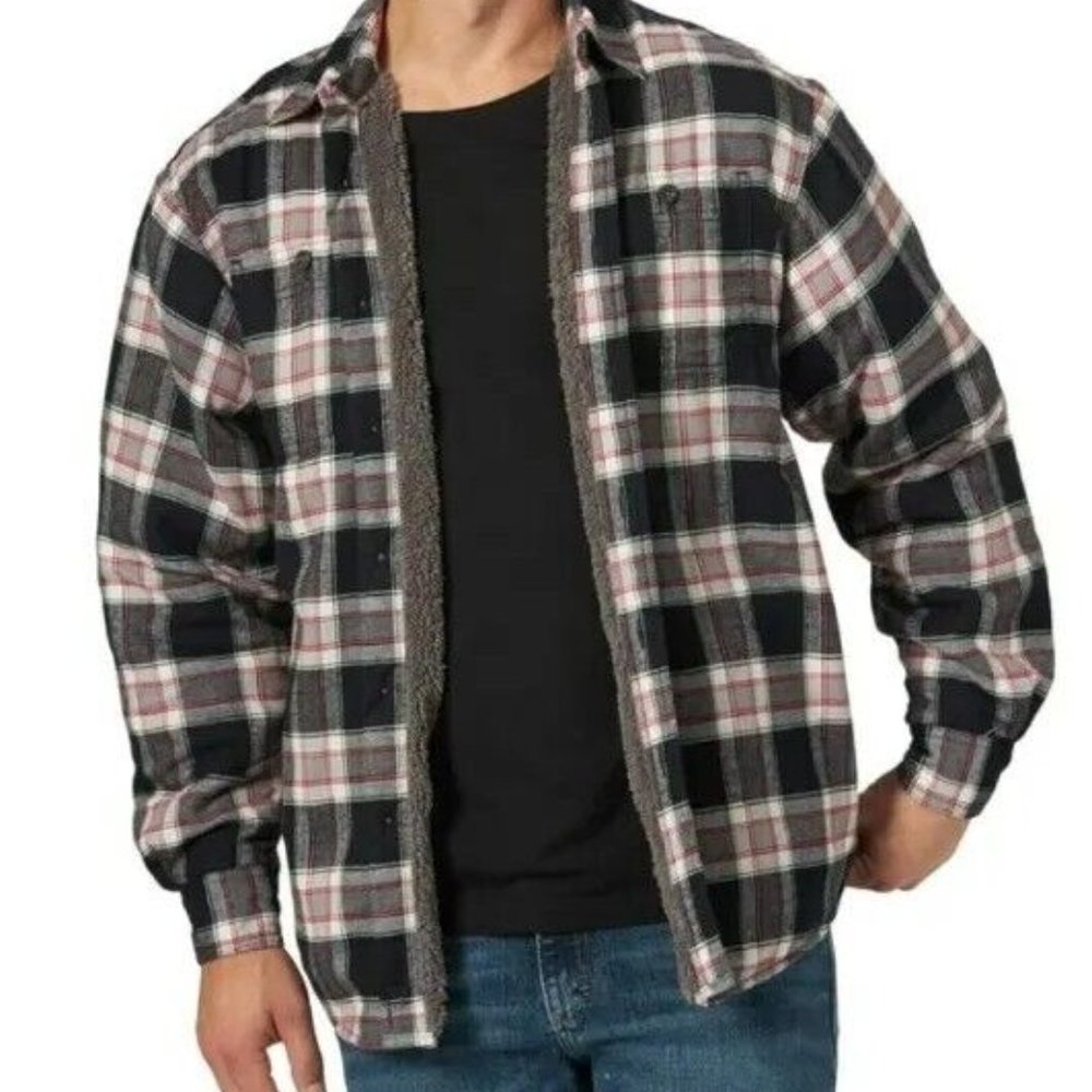 Wrangler Red Gray Black Button Up Flannel Faux Sherpa Jacket Warm Men' Medium